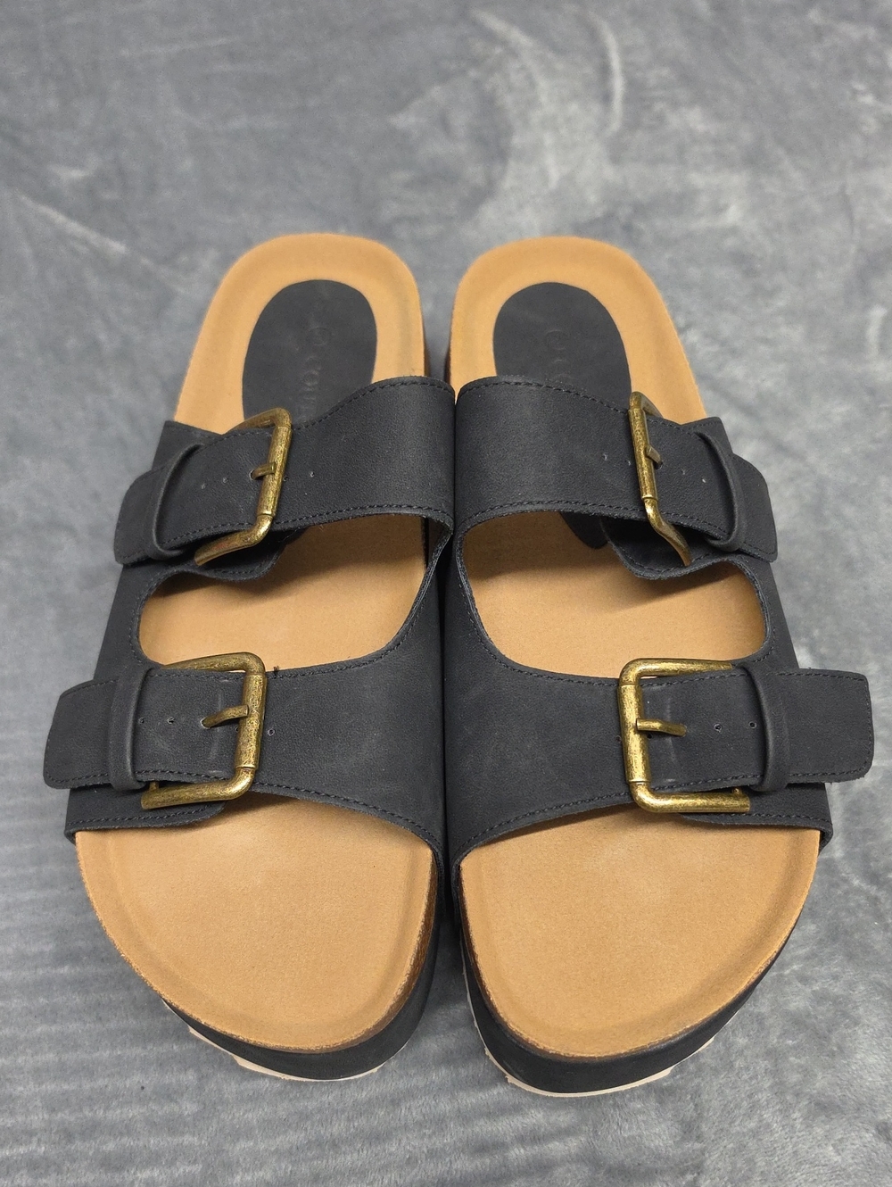 Black Double-Strap Slide Sandals 9 with Antique Gold Buckles